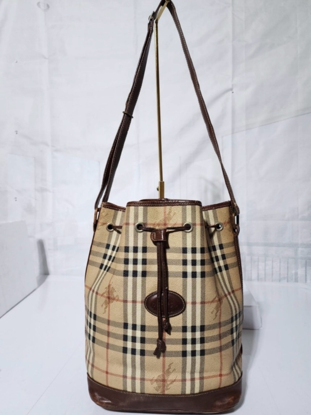 Burberry Beige and Brown Plaid Drawstring Satchel